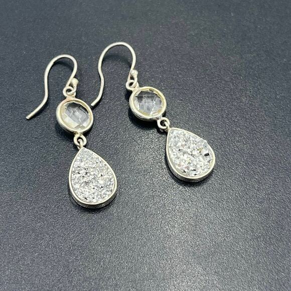 Vintage Sterling Silver 925 Titanium Druzy Clear Rock Quartz Dangle Earrings - Picture 6 of 9